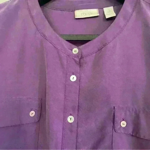 Chicos Tunic Roll Sleeve Silky Button Up Top Size 3 Large Purple Career Flowy - Picture 10 of 11